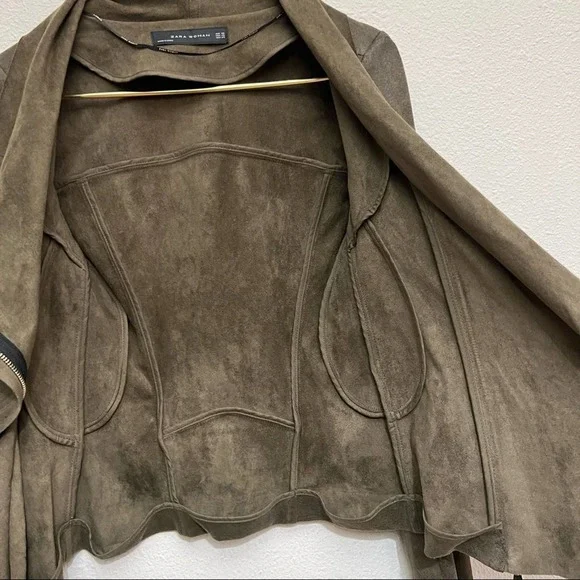 Zara Faux Suede Olive Green Draped Asymmetrical Zip Up Moto Jacket - Picture 12 of 12